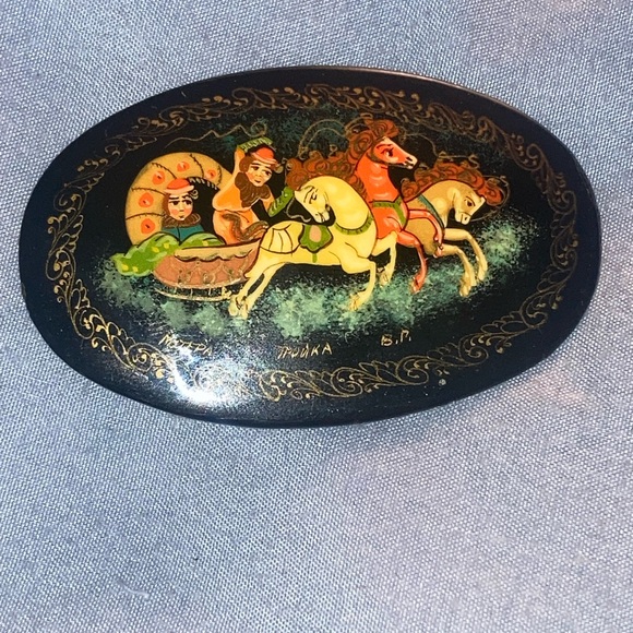 Vintage Russian Lacquer Brooch with Horse and Carriage
